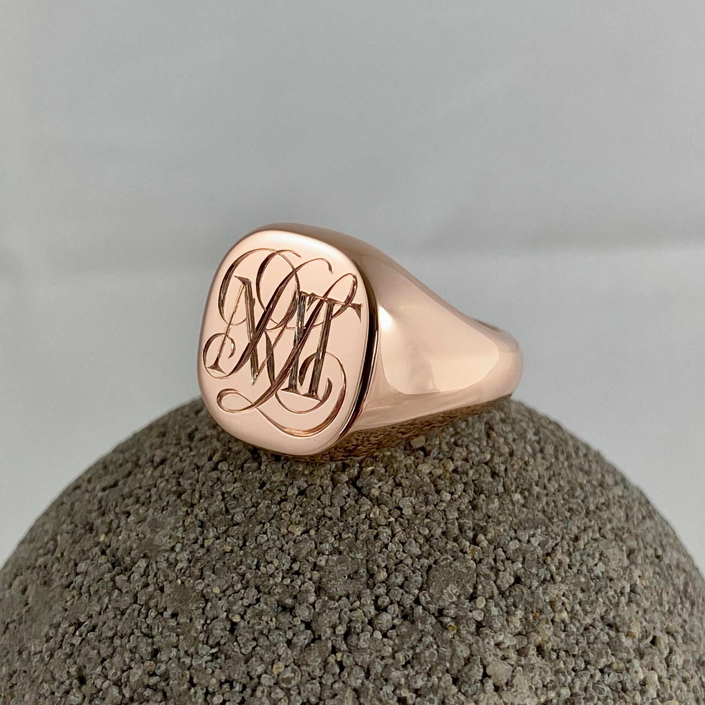3 Initials Surface Engraved  14mm x 13mm Cushion  -   9 Carat Rose Gold Signet Ring