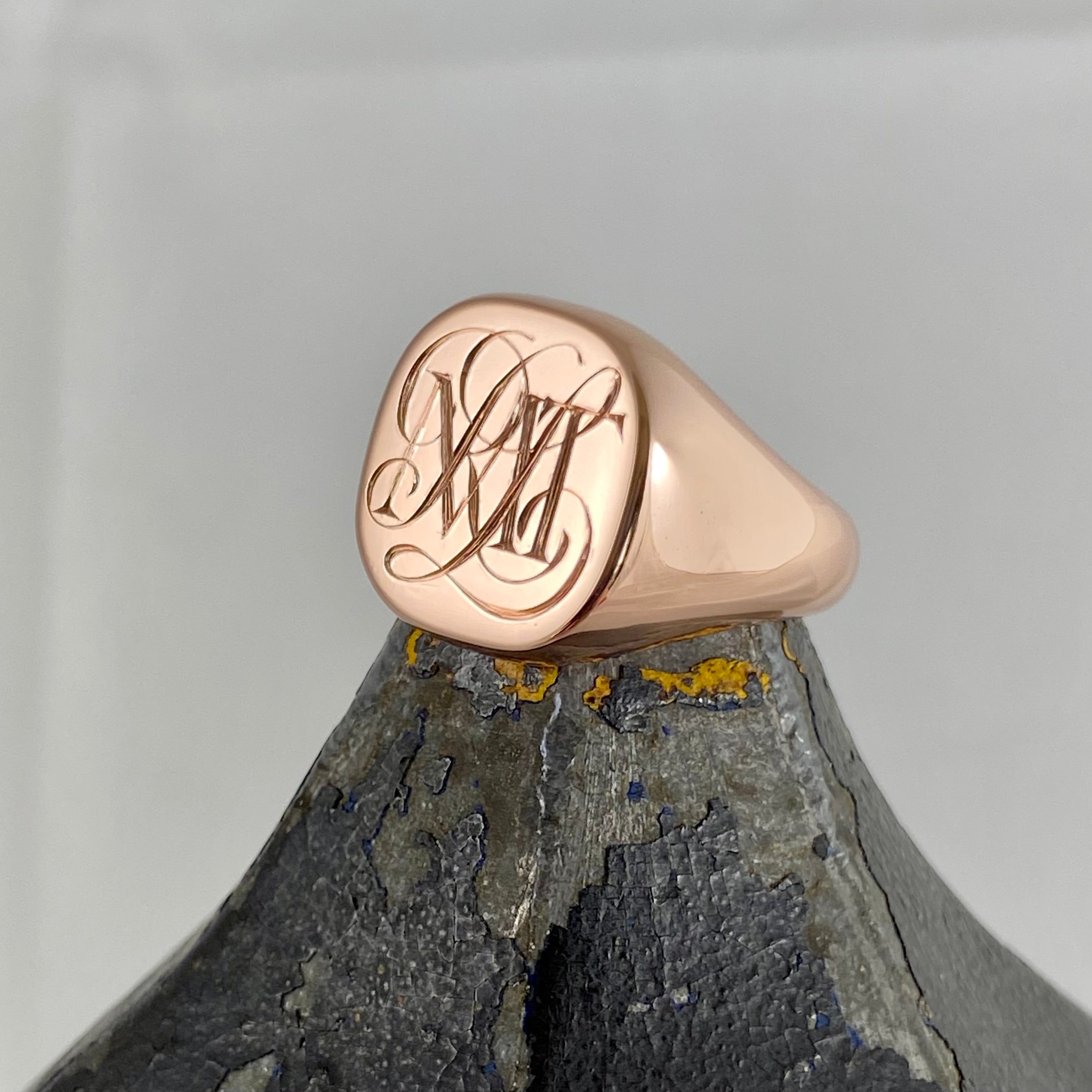 3 Initials Surface Engraved  14mm x 13mm Cushion  -   9 Carat Rose Gold Signet Ring