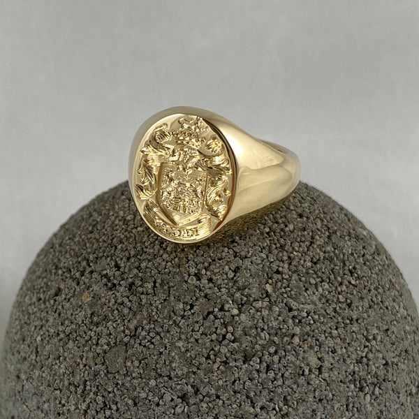 Family Coat of Arms Seal Engraved  13mm x 11mm  -  9 Carat Yellow Gold Signet Ring