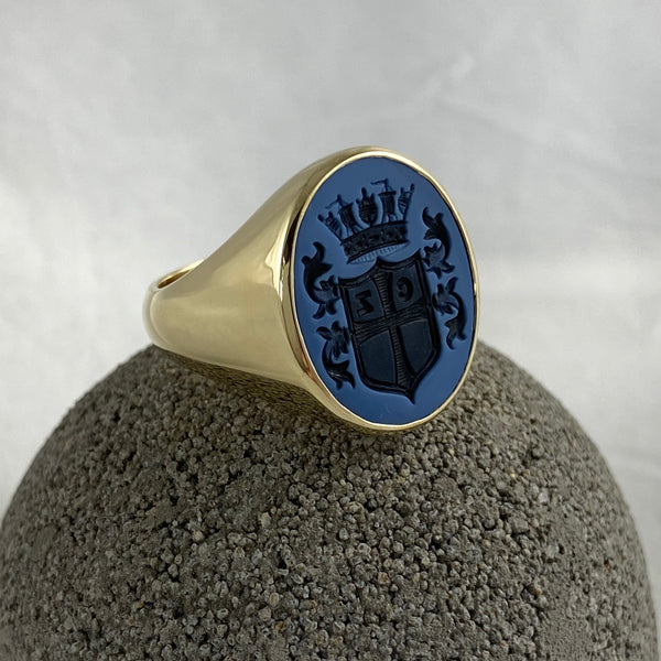 Seal Engraved Blue/Black Agate Custom Made 18mm x 16mm  -  9 Carat Yellow Gold Signet Ring