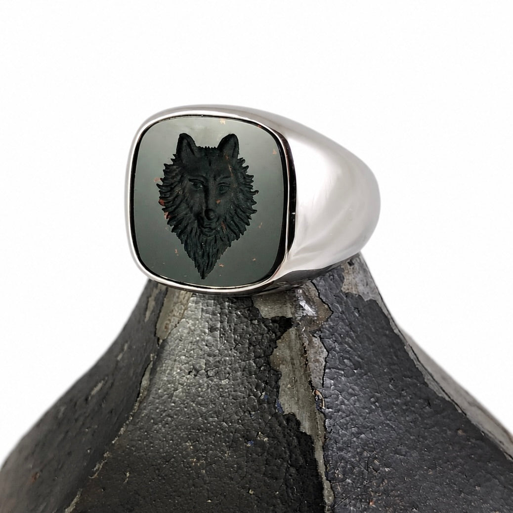 Seal EngravedBloodstone Custom Made 14mm x 13mm  -  9 Carat White Gold Signet Ring