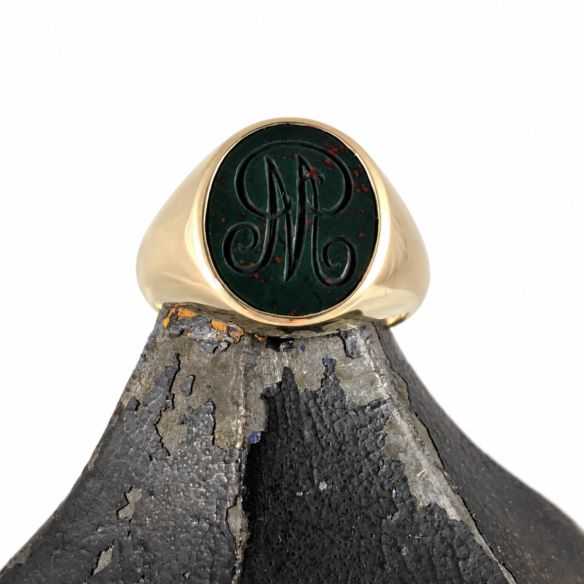 Seal Engraved Monogram Bloodstone Custom Made 16mm x 13mm  -  9 Carat Yellow Gold Signet Ring