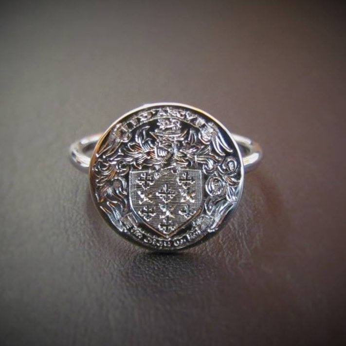 Family Coat of Arms Hand Engraved Round 15mm  -  Sterling Silver Signet Ring