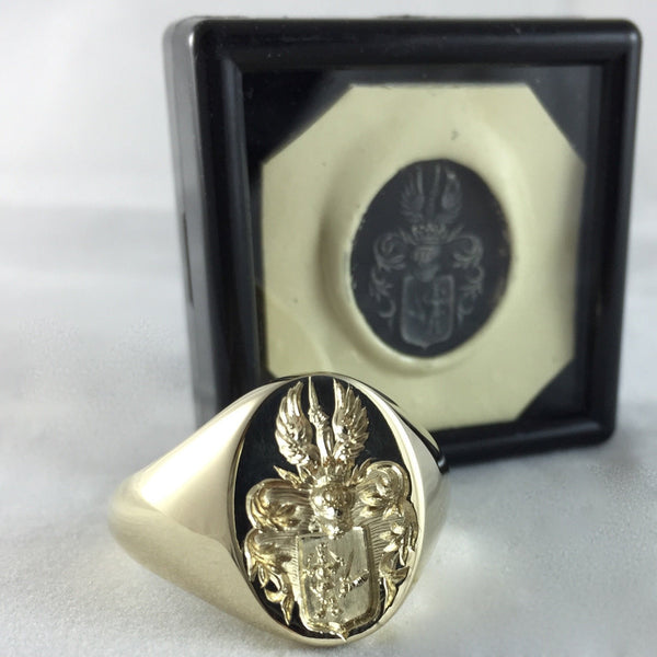 Family Coat of Arms Seal Engraved 18mm x 13mm -  9 Carat Yellow Gold Signet Ring
