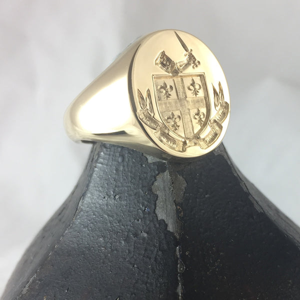Family Coat of Arms Seal Engraved 16mm x 13mm Oval -  9 Carat Yellow Gold Signet Ring