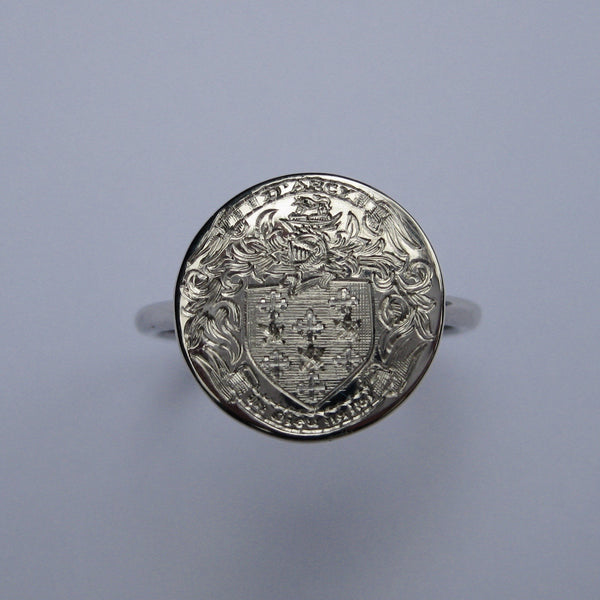 Family Coat of Arms Hand Engraved Round 15mm  -  Sterling Silver Signet Ring
