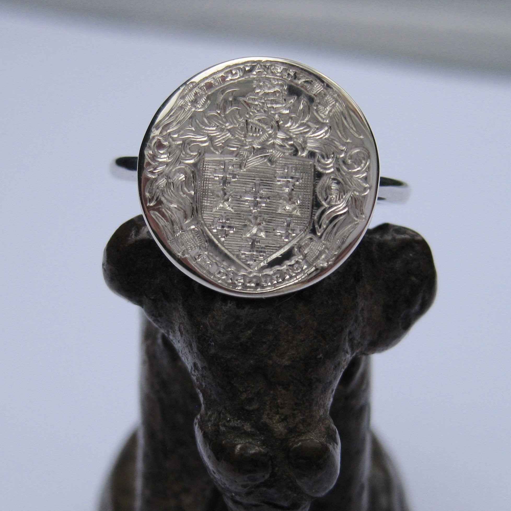 Family Coat of Arms Hand Engraved Round 15mm  -  Sterling Silver Signet Ring