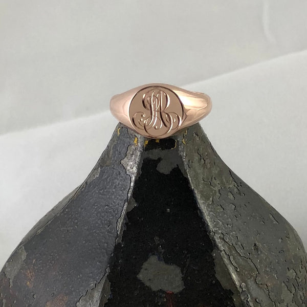 2 Initials Engraved 11mm  Round -  9 Carat Rose Gold Signet Ring