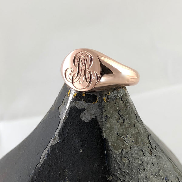 2 Initials Engraved 11mm  Round -  9 Carat Rose Gold Signet Ring