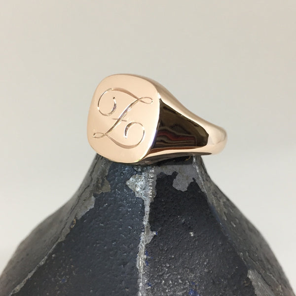 1-3 Initials Engraved  14mm x 13mm Cushion  -  9 Carat Rose Gold Signet Ring