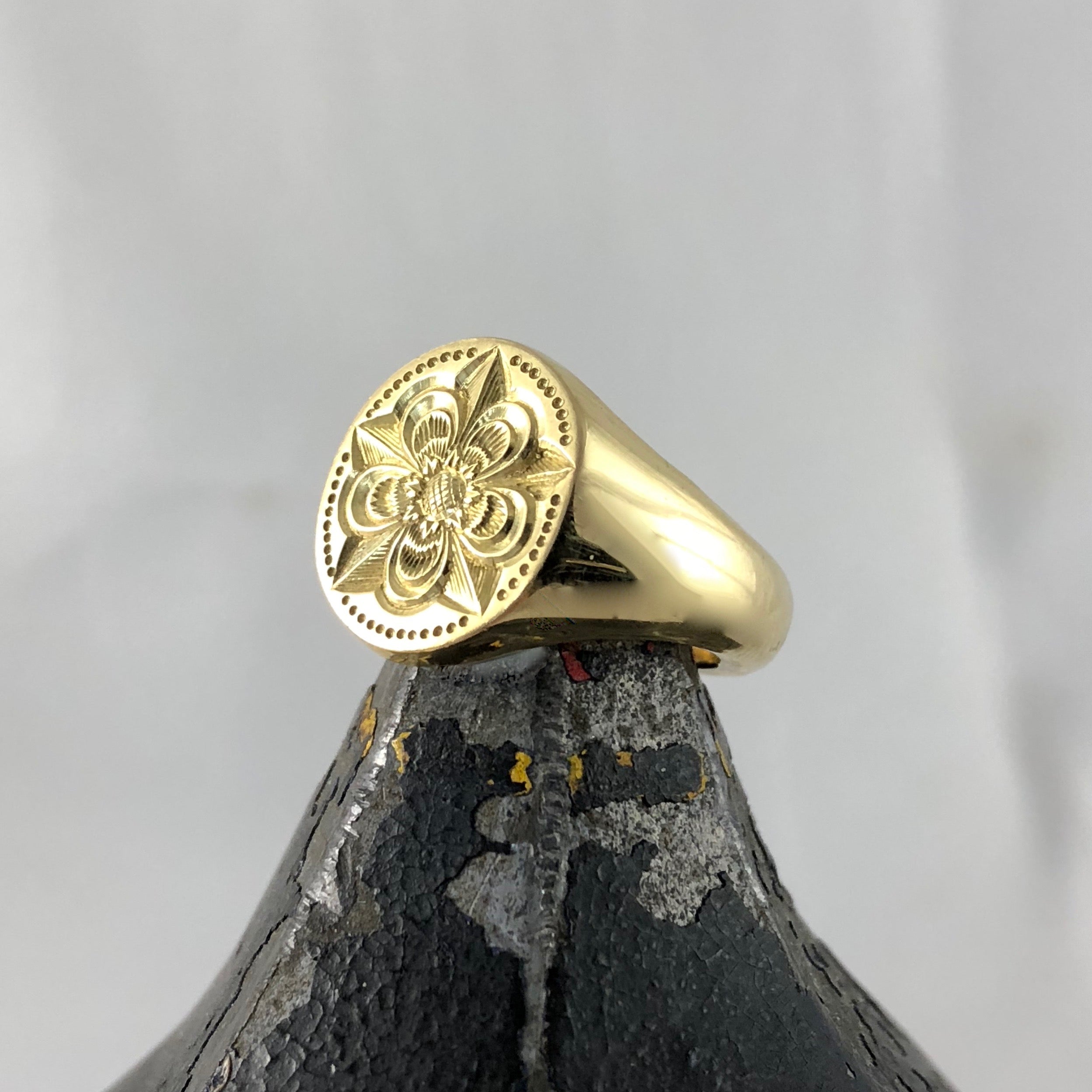 Family Crest Seal Engraved 14mm x 12mm  -  18 Carat Yellow Gold Signet Ring