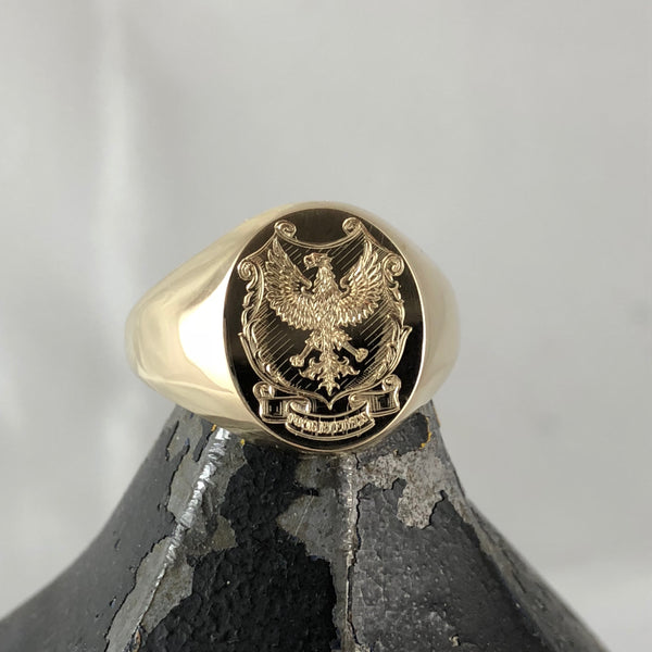 Family Coat of Arms Surface Engraved 16mm x 13mm Oval -  9 Carat Yellow Gold Signet Ring