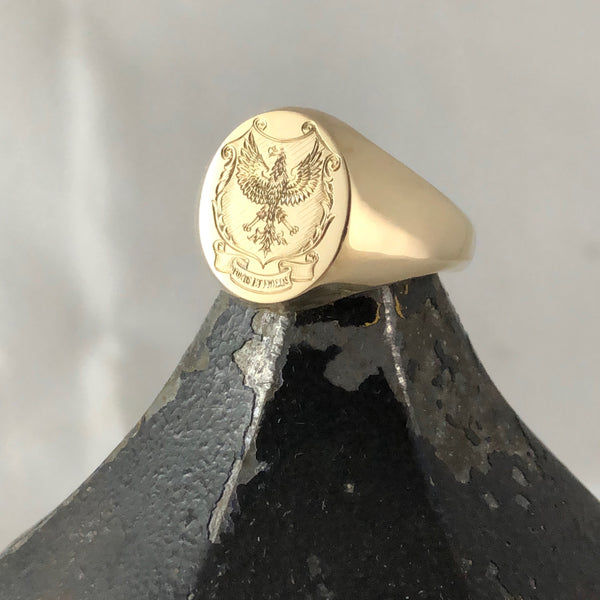 Family Coat of Arms Surface Engraved 16mm x 13mm Oval -  9 Carat Yellow Gold Signet Ring