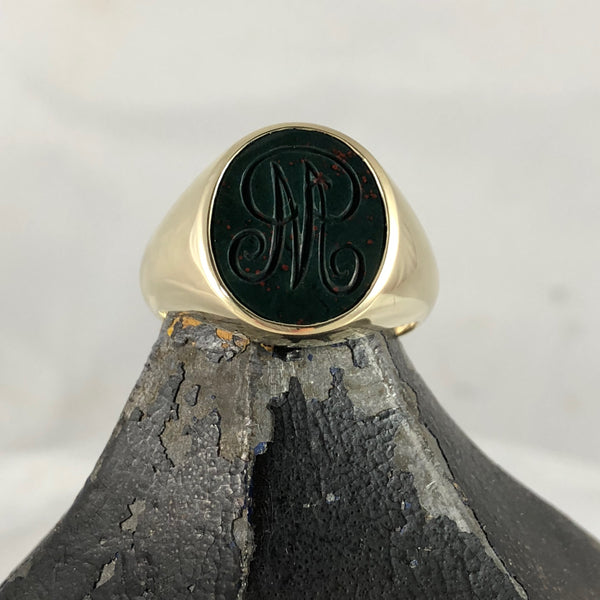 Seal Engraved Monogram Bloodstone Custom Made 16mm x 13mm  -  9 Carat Yellow Gold Signet Ring