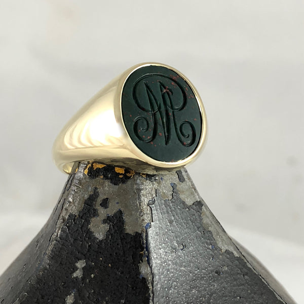 Seal Engraved Monogram Bloodstone Custom Made 16mm x 13mm  -  9 Carat Yellow Gold Signet Ring