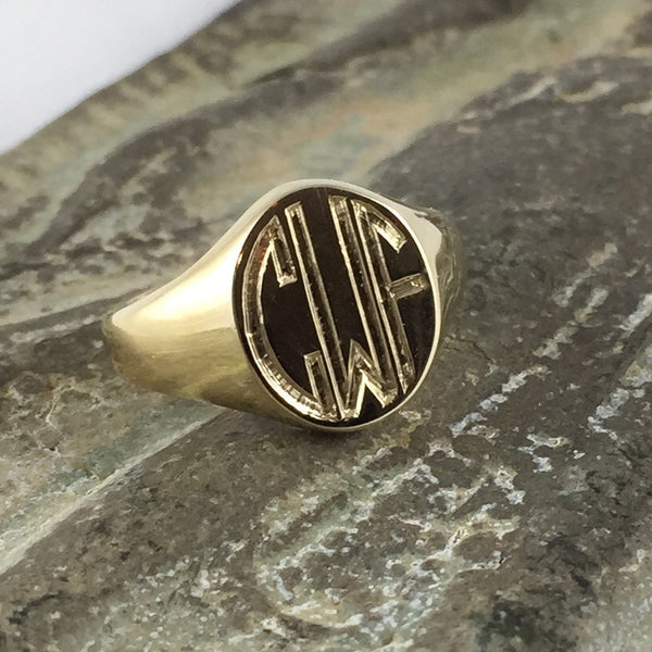3 Initials Engraved 13mm x 11mm  -  9 Carat Yellow Gold Signet Ring