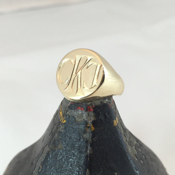 3 Initials Engraved  13mm Round  -  9 Carat Yellow Gold Signet Ring