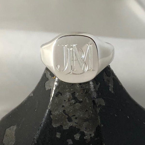 1-3 Initials Engraved  14mm x 13mm Cushion  -  Sterling Silver Signet Ring