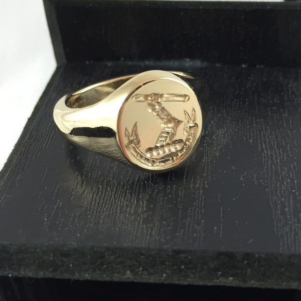 Family Crest Seal Engraved 14mm x 12mm  -  9 Carat Yellow Gold Signet Ring