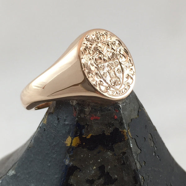 Family Coat of Arms Engraved 13mm x 11mm  -  9 Carat Rose Gold Signet Ring