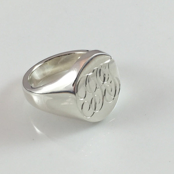 3 Initials Engraved  20mm x 16mm  -  Sterling Silver Signet Ring