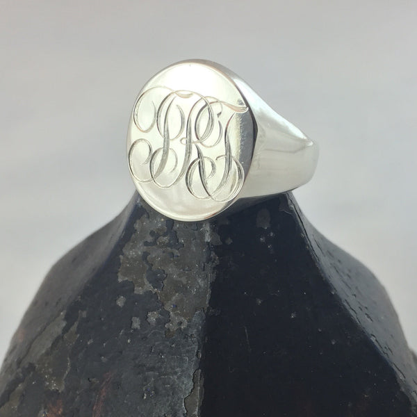 3 Initials Engraved  20mm x 16mm  -  Sterling Silver Signet Ring