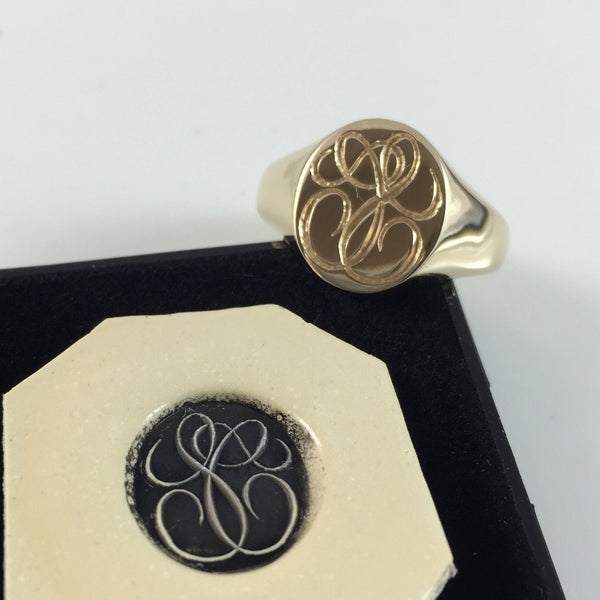2 Initials Seal Engraved  14mm x 12mm -  9 Carat Yellow Gold Signet Ring