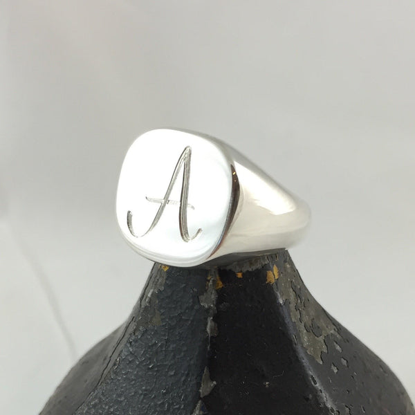 engraved 16mm x 16mm sterling silver cushion signet ring
