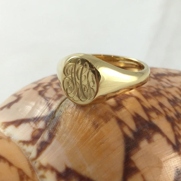 3 Initials Engraved  11mm x 9mm Oval  -  9 Carat Yellow Gold Signet Ring