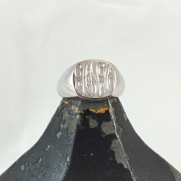 3 Initials Engraved  12mm x 11mm Cushion  -  9 Carat White Gold Signet Ring