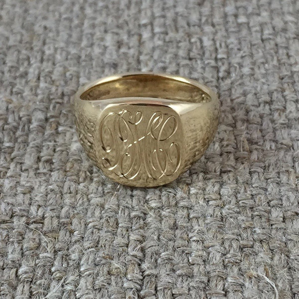 1 - 3 Initials Engraved  12mm x 11mm Cushion  -  9 Carat Yellow Gold Signet Ring