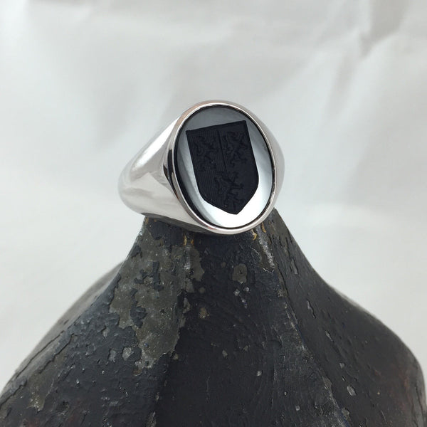 Seal Engraved Onyx Custom Made 16mm x 13mm  -  9 Carat White Gold Signet Ring