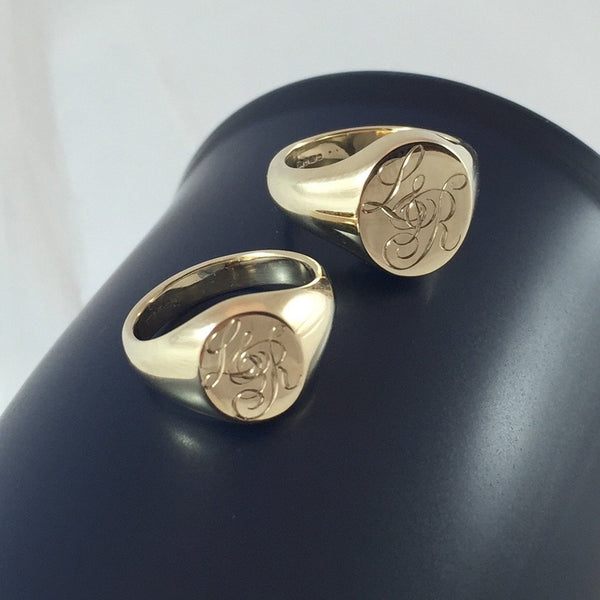 3 Initials Engraved "HIS and HER" -  9 Carat Yellow Gold Signet Rings