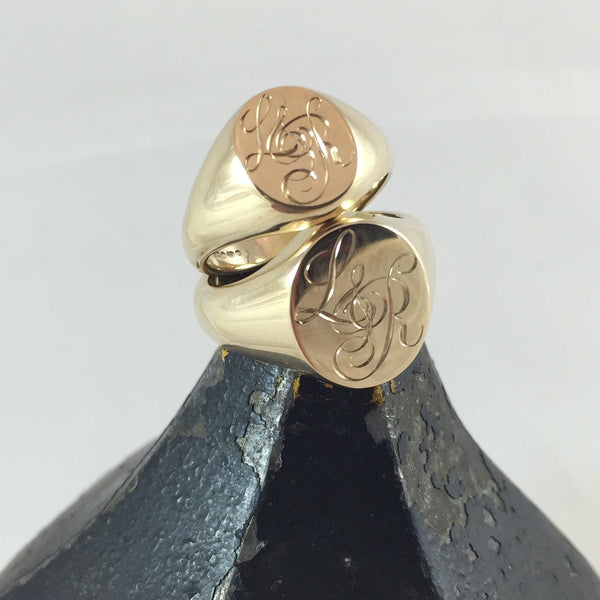 3 Initials Engraved "HIS and HER" -  9 Carat Yellow Gold Signet Rings