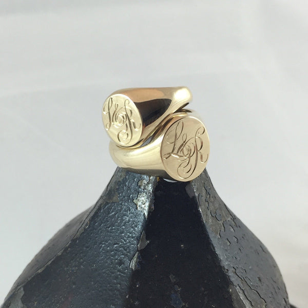 3 Initials Engraved "HIS and HER" -  9 Carat Yellow Gold Signet Rings