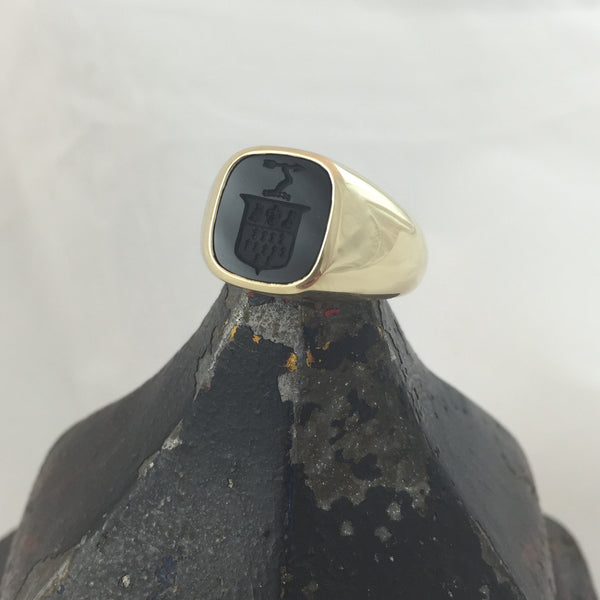 Seal Engraved Onyx Custom Made 12mm x 11mm  -  9 Carat Yellow Gold Signet Ring