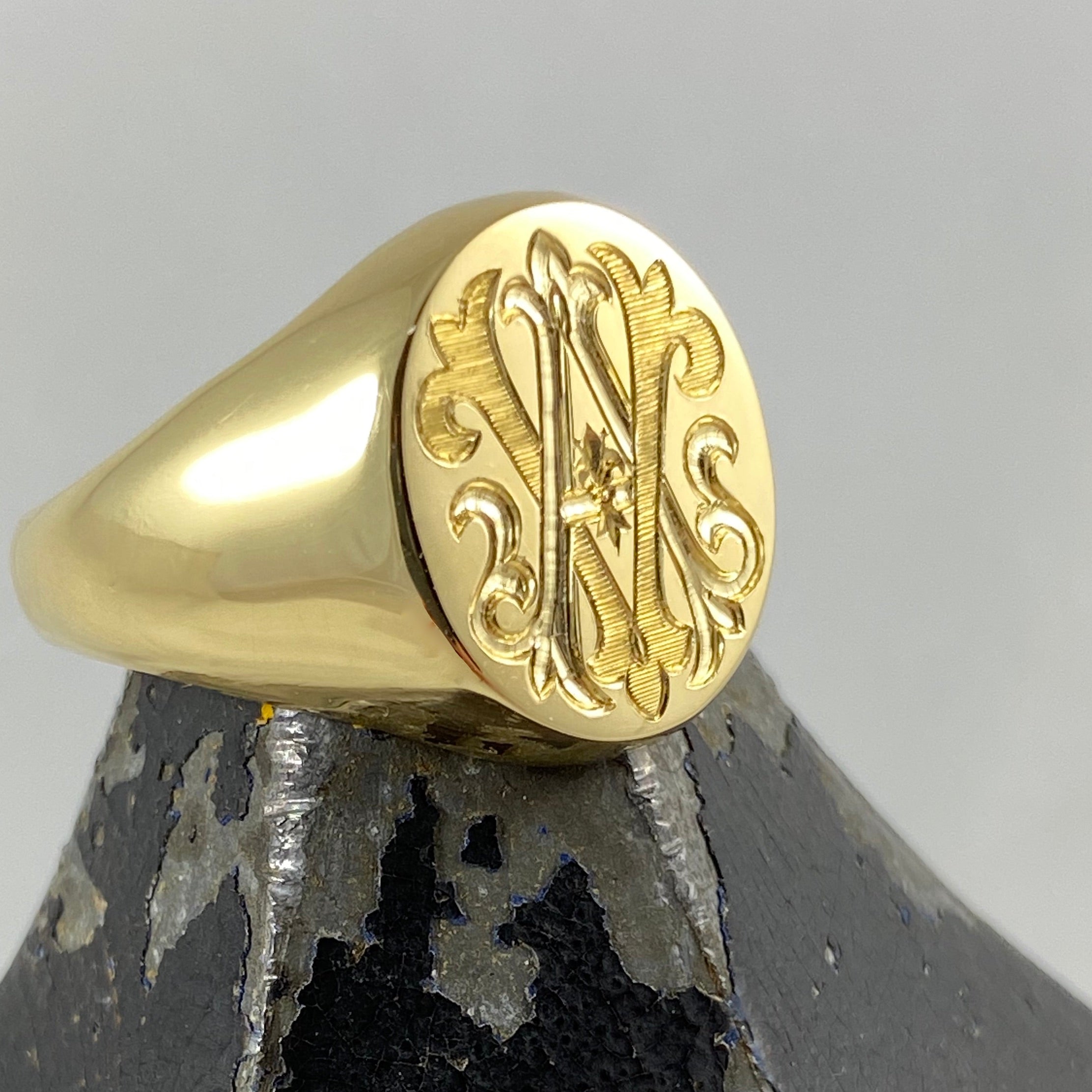 Monogram Engraved 16mm X 13mm 18 Carat Yellow Gold Signet Ring Monogram Engraved 16mm X 13mm 18 Carat Yellow Gold Signet Ring