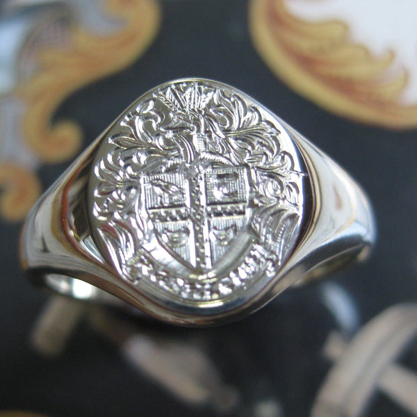 Family Coat of Arms Surface Engraved 14mm x 12mm  -  Sterling Silver Signet Ring
