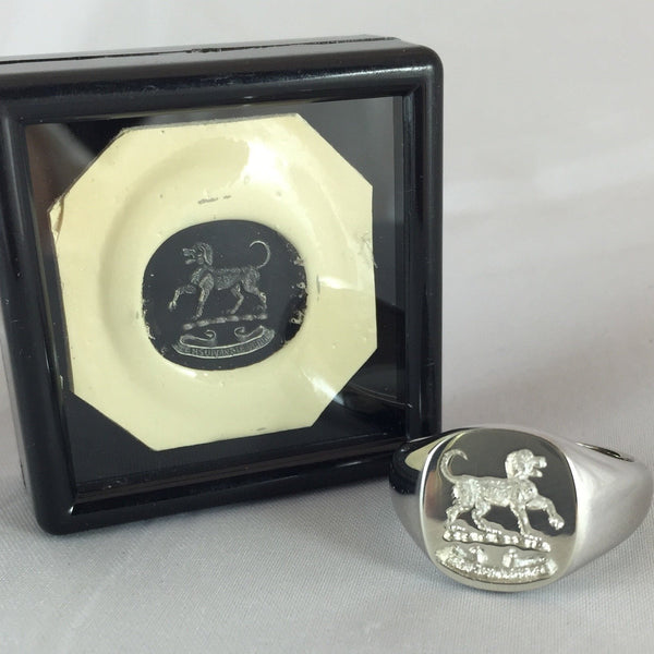 Family Crest Seal Engraved 14mm x 13mm  Cushion -  9 Carat White Gold Signet Ring