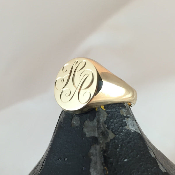 2 Initials Engraved  13mm Round  -  18 Carat Yellow Gold Signet Ring