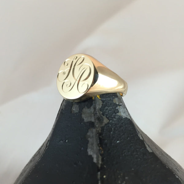 2 Initials Engraved  13mm Round  -  18 Carat Yellow Gold Signet Ring
