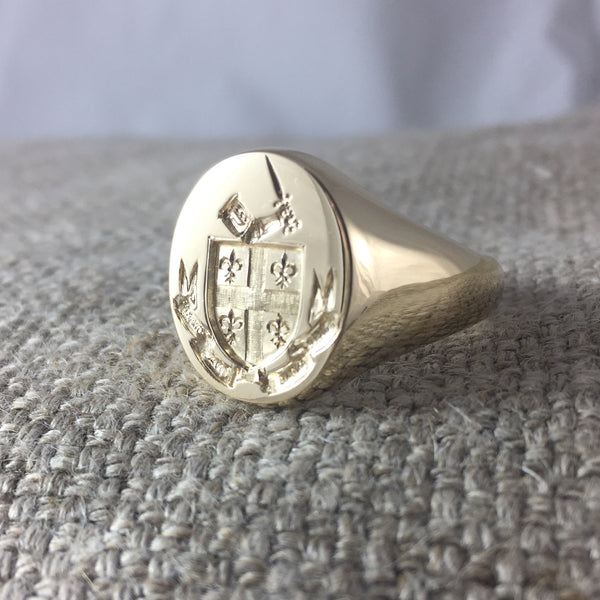 Family Coat of Arms Seal Engraved 16mm x 13mm Oval -  9 Carat Yellow Gold Signet Ring