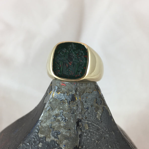 Seal Engraved Bloodstone Custom Made 14mm x 13mm  -  9 Carat Yellow Gold Signet Ring