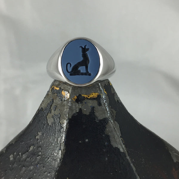 Seal Engraved Blue/Black Agate Custom Made 13mm x 11mm  -  9 Carat White Gold Signet Ring